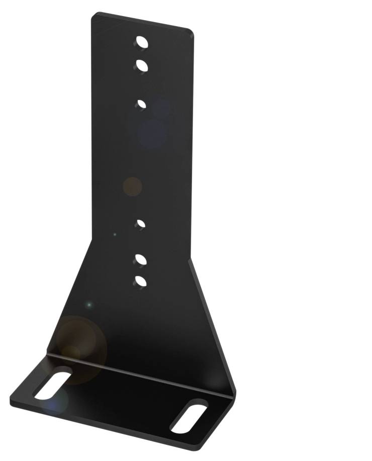 Schwarzes, metallisches Winkelstück mit mehreren Löchern zur Befestigung, geeignet für Konstruktions- oder Montageprojekte.