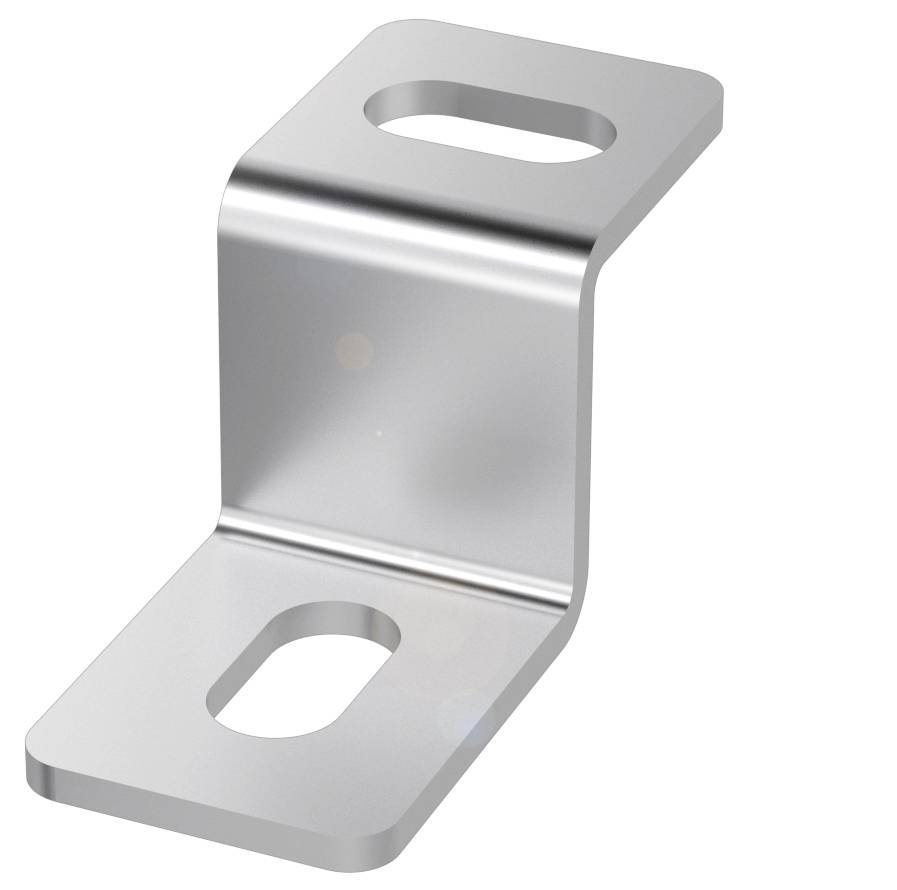 Metallwinkel in L-Form mit abgerundeten Ecken, zwei ovalen Löchern an beiden Enden, glänzend silberne Oberfläche.