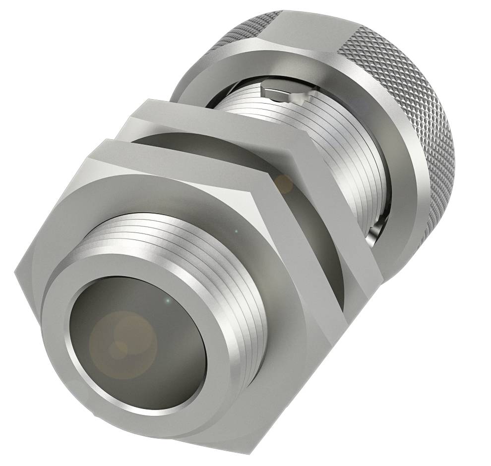Metallischer Sechskant-Adapter mit Schraubgewinde und Rändelung, für industrielle Anwendungen oder Verbindungen.