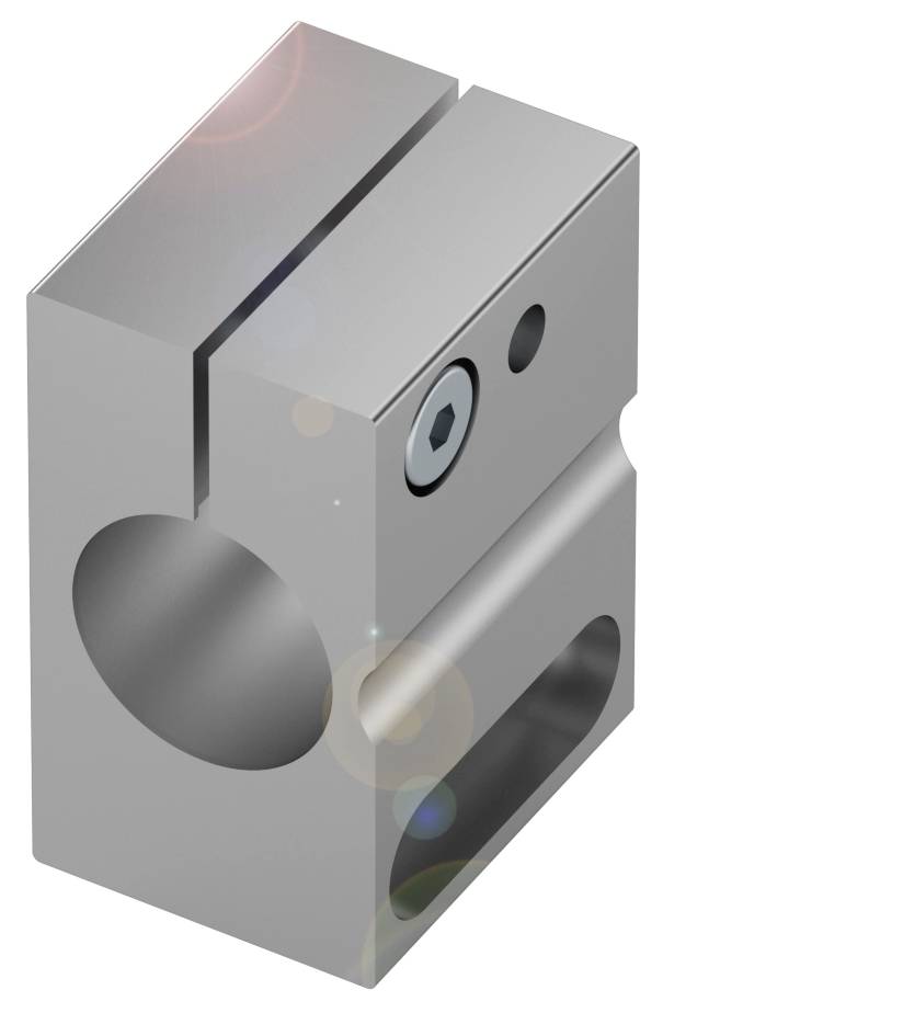 Ein rechteckiger Metallblock mit Schraubenbohrungen und Kerbe. Eignet sich zur Befestigung oder als Verbindungselement in Maschinen.