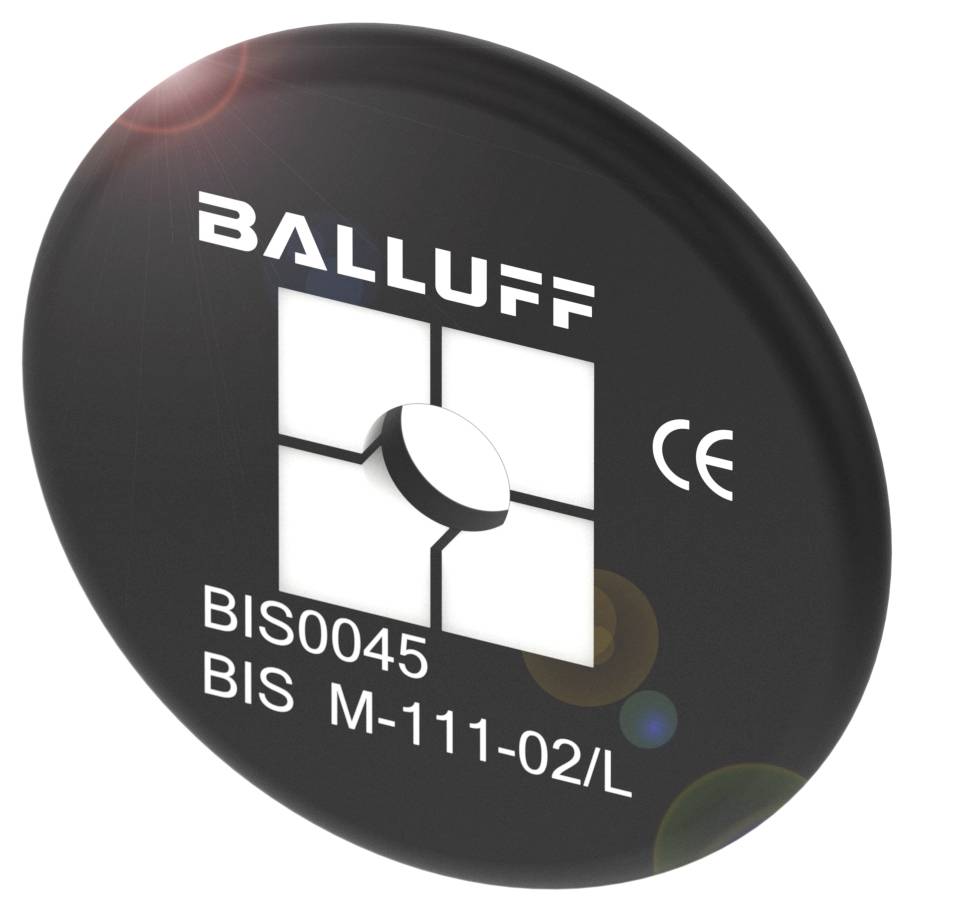 Runder RFID-Datenträger von Balluff mit Modellnummer BIS0045 und CE-Kennzeichnung.