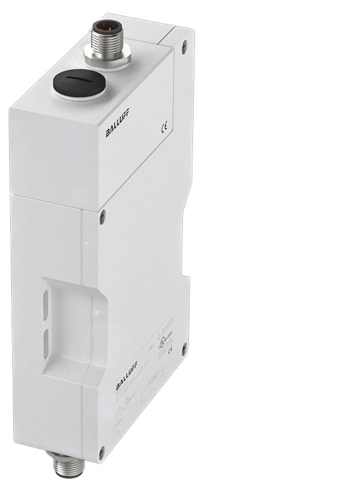 Ein weißes elektronisches Gerät mit zwei Steckverbindungen und Beschriftungen. Es scheint ein technisches Modul oder Sensor zu sein.