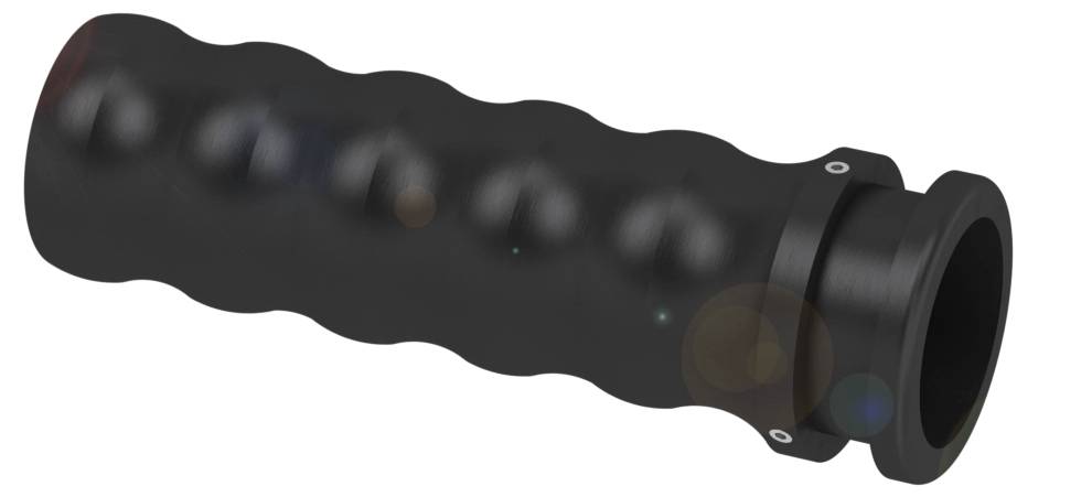 Schwarzer, geriffelter Gummigriff mit strukturierter Oberfläche und abgerundeten Enden, seitlich gesehen.