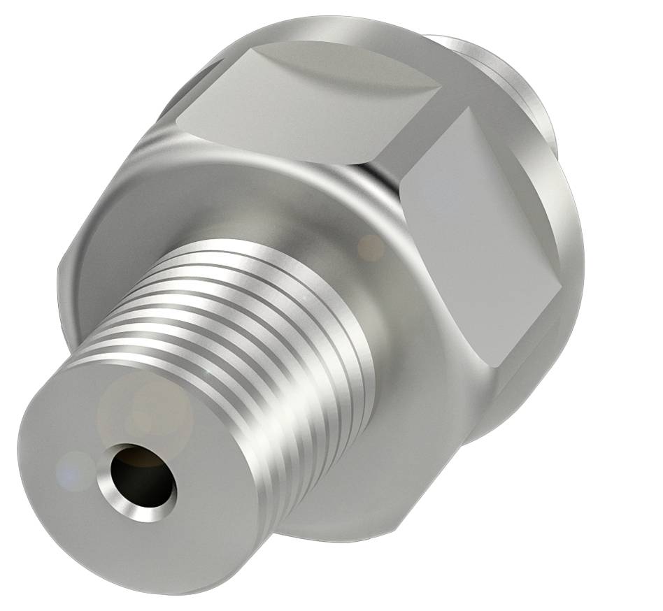 Metalladapter mit Sechskantkopf und Gewinde, offenbar für Rohr- oder Schlauchverbindungen, hellgrau glänzend.