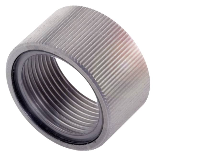 Metallische Gewindemutter in zylindrischer Form, silbern mit geriffelter Oberfläche und innenliegendem Gewinde.