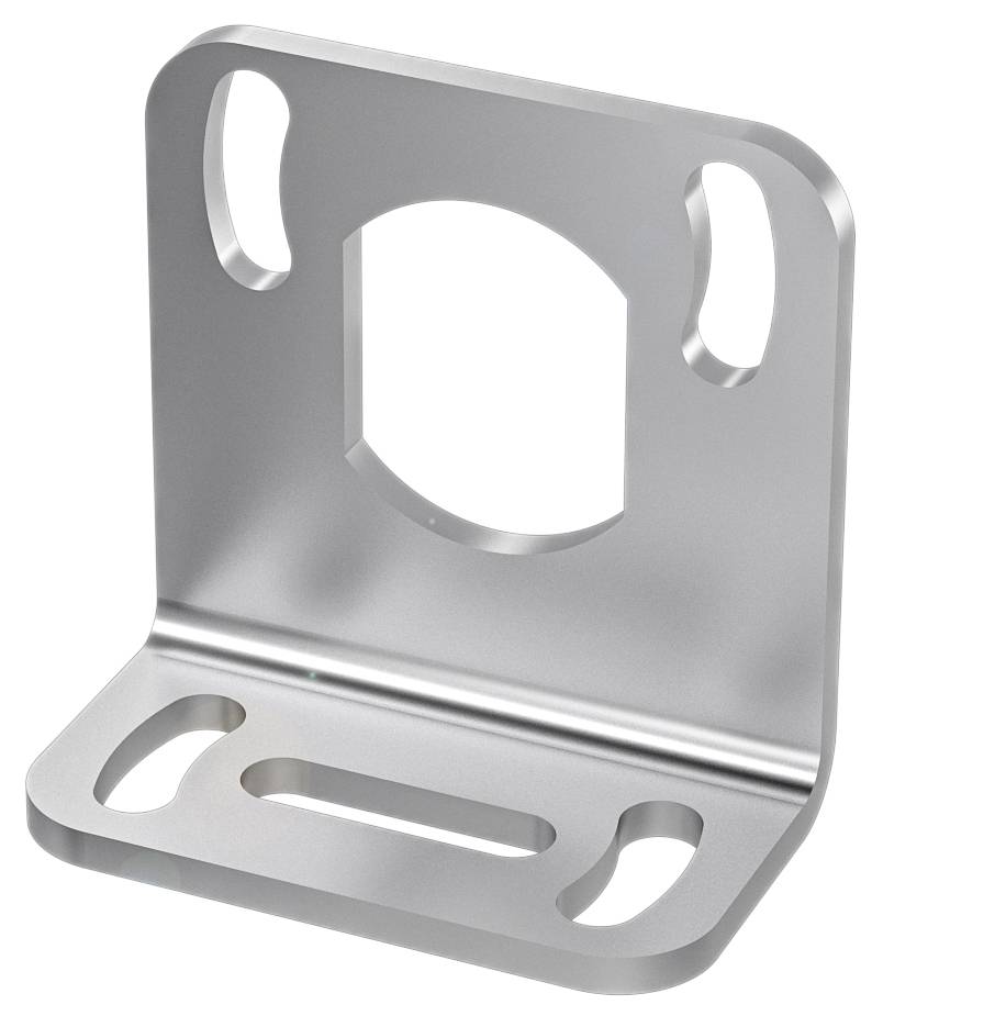 Silberne Metallhalterung mit rechteckiger Basis und abgerundeten Ecken, geeignet zur Befestigung oder Montage von Geräten oder Strukturen.