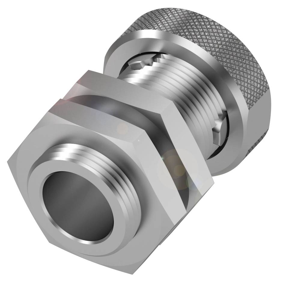 Ein silberner Metallanschluss oder -adapter mit Schraubgewinde und sechseckiger Mutter, geeignet für Rohrverbindungen.
