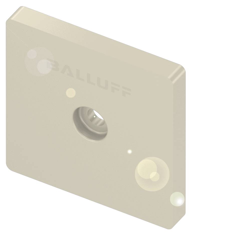 Ein quadratisches, beiges RFID-Tag von Balluff mit abgerundeten Ecken und einem zentralen Loch.