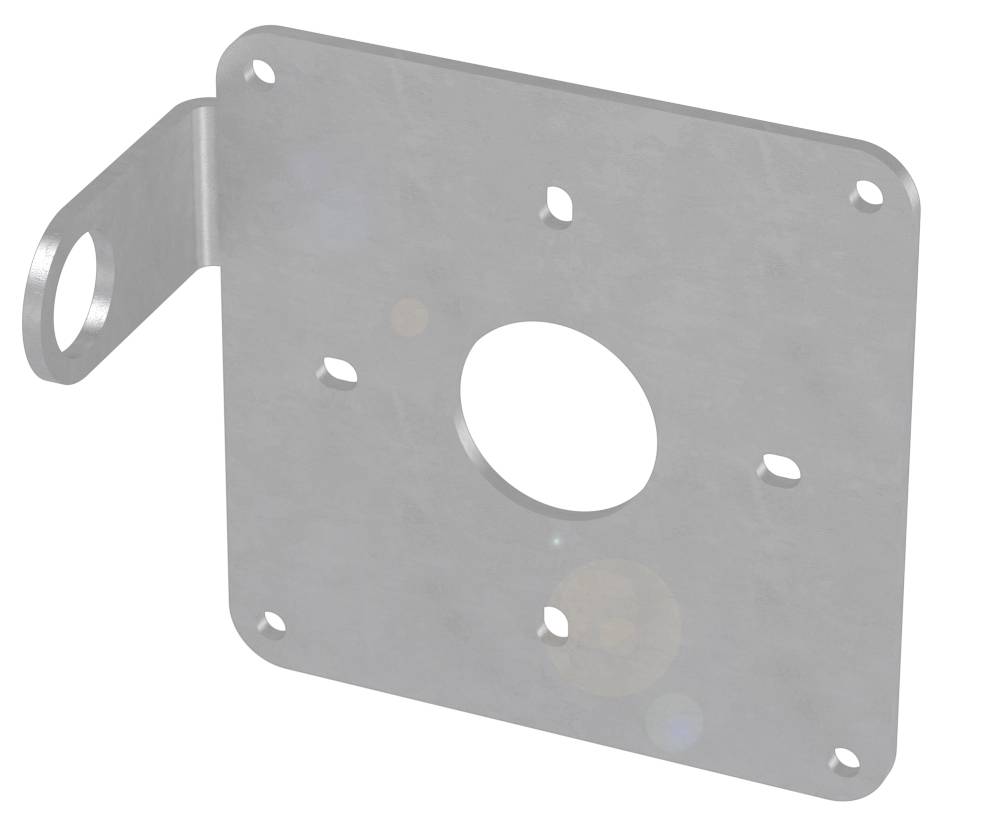 Metallplatte mit mehreren Bohrungen und einer seitlichen Lasche mit Loch. Hauptbohrung in der Mitte, kleinere an den Ecken.