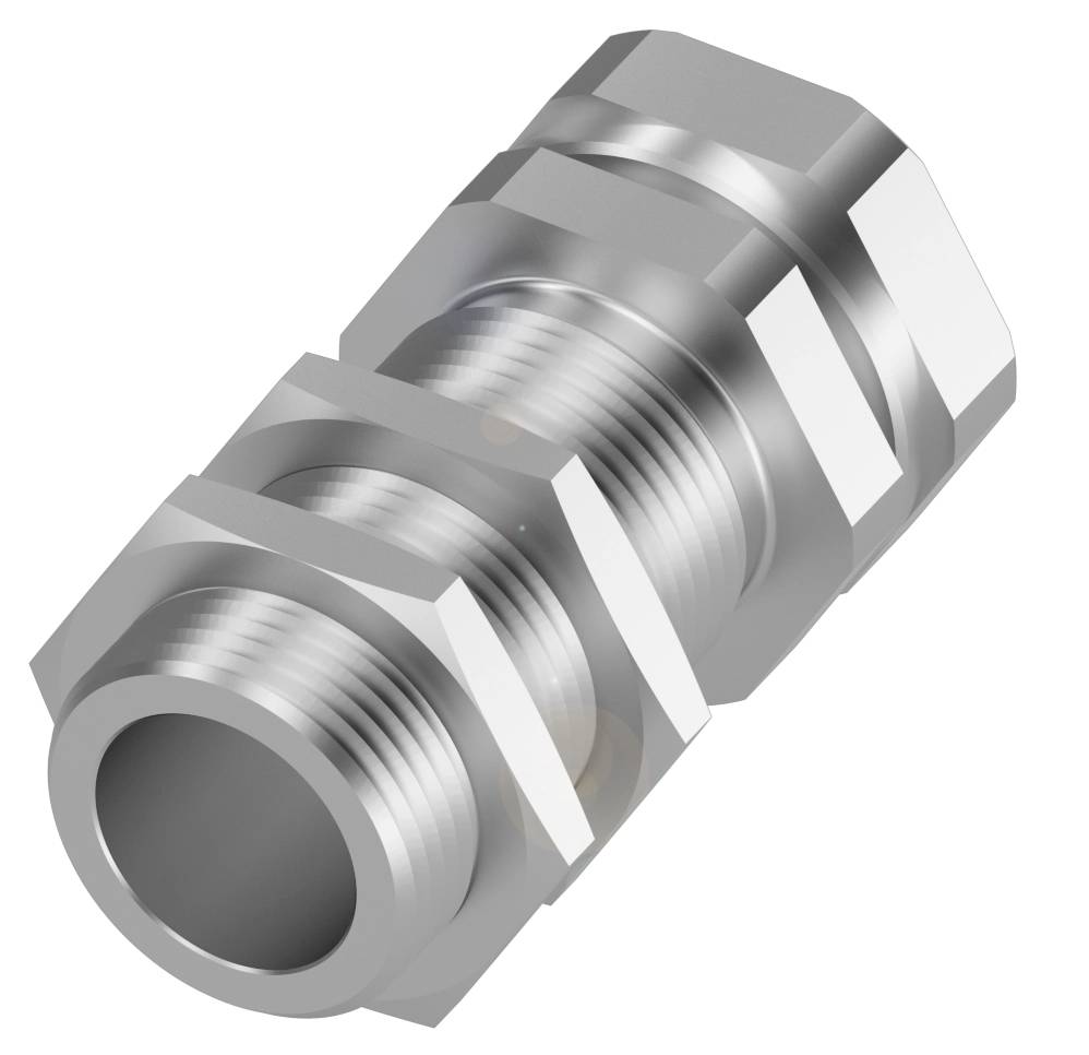 Ein silberfarbenes, zylindrisches Metallstück mit Gewinde, wahrscheinlich ein Kabelverschraubung, zeigt die Mutter mit sechs Kanten.