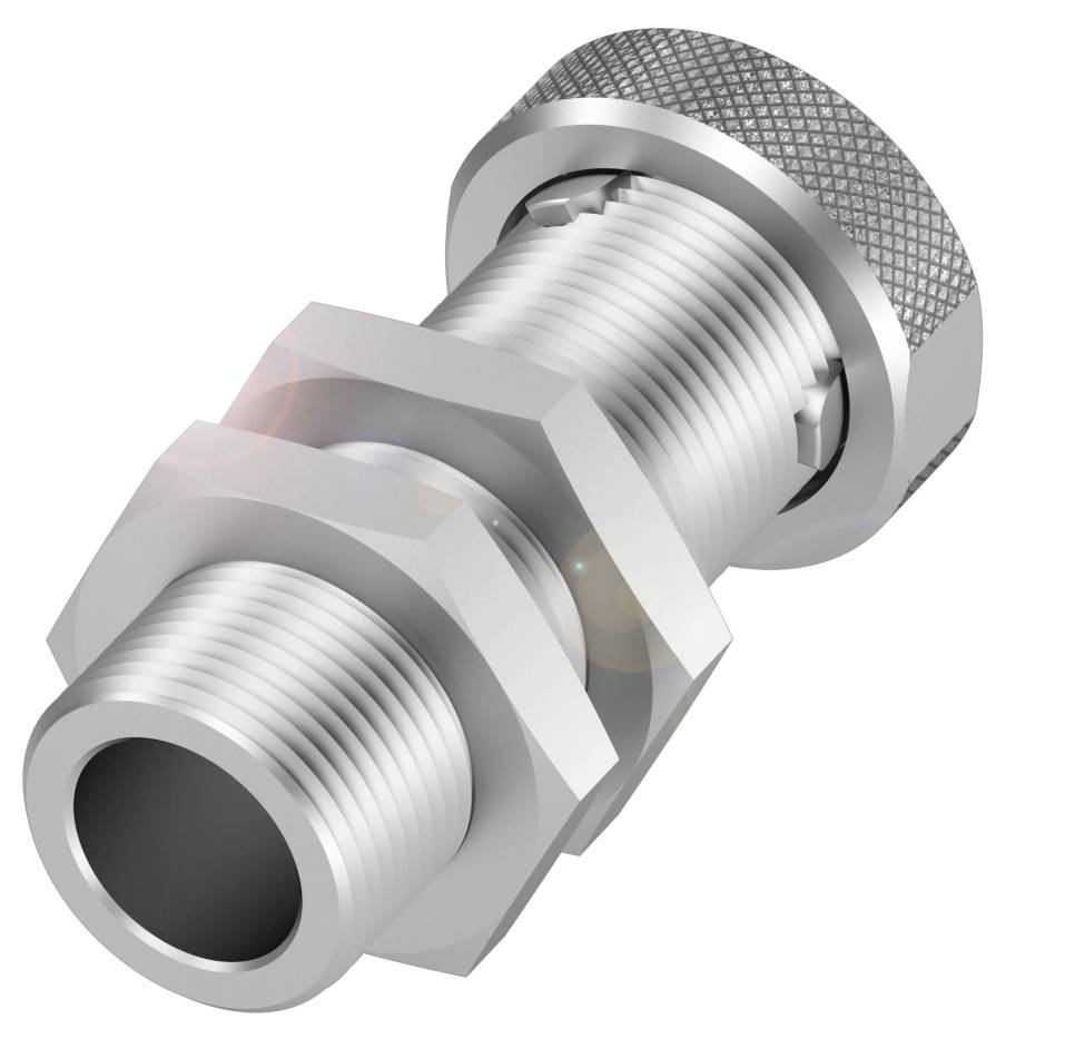 Eine silberne Metallverschraubung mit einem gerändelten Außengewinde, geeignet für die Verbindung von Rohren oder Schläuchen.