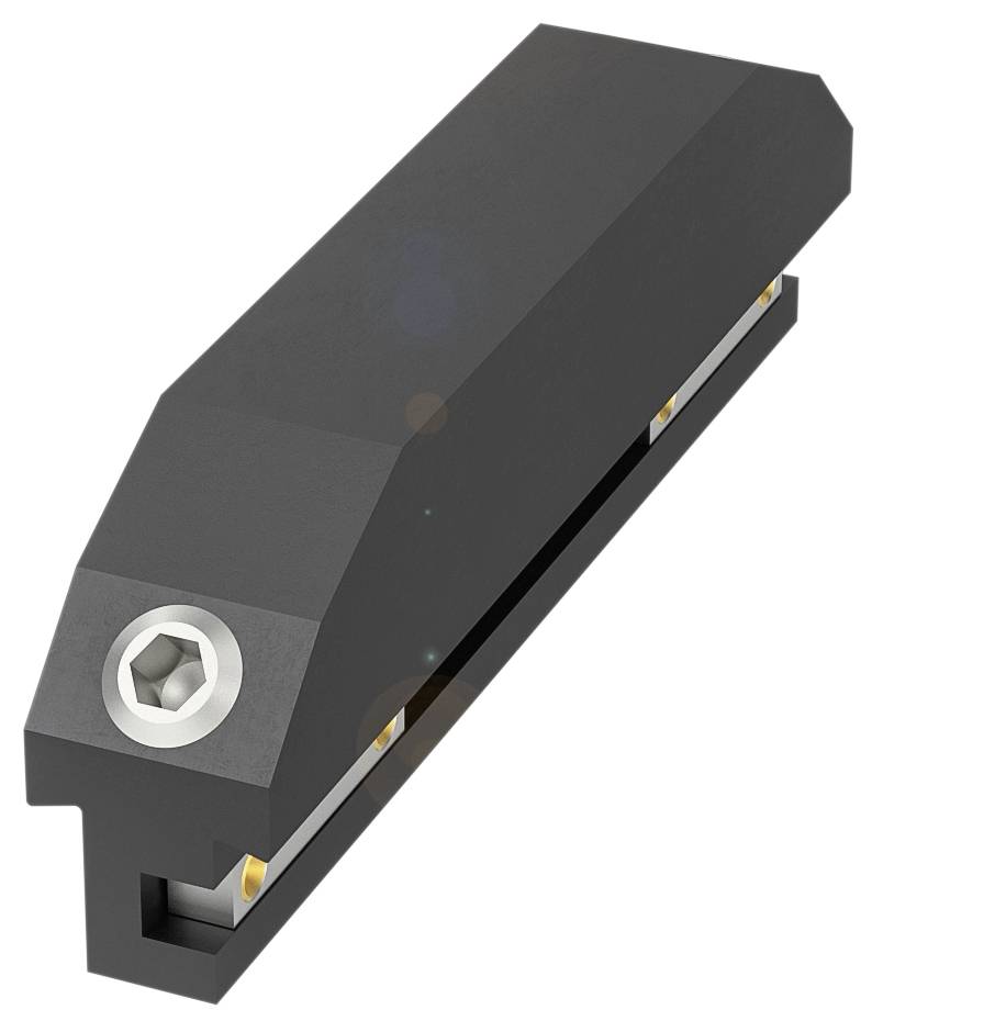 Schwarzes mechanisches Bauteil mit abgewinkelter Form und sichtbarer Schraube; vermutlich für technische oder industrielle Anwendungen.