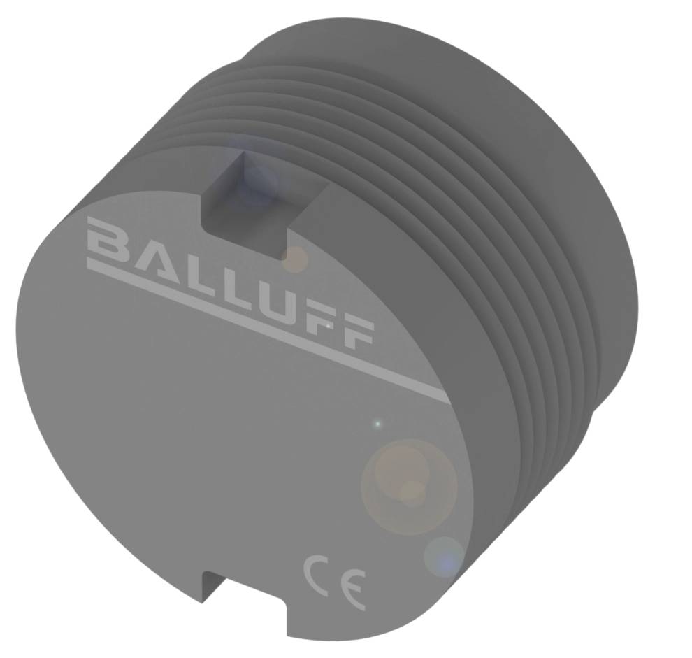 Ein grauer zylindrischer Sensor von Balluff mit technischer CE-Kennzeichnung.