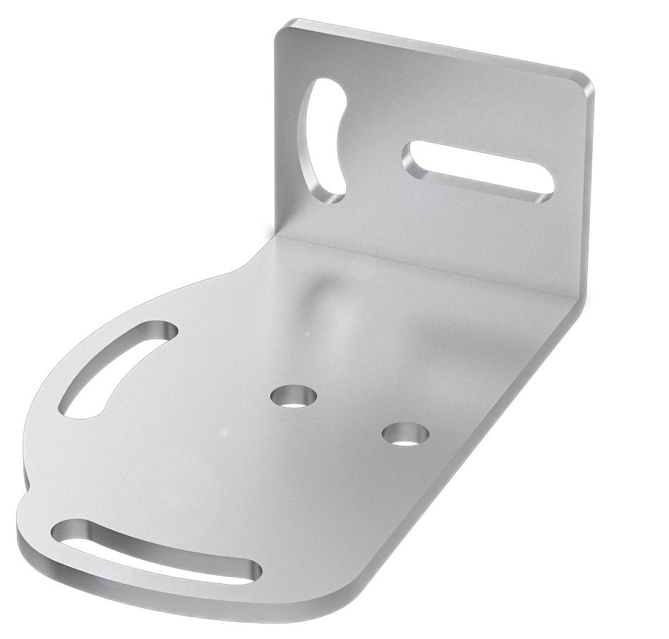 Metallwinkel mit abgerundeten Ecken und mehreren Befestigungslöchern, geeignet für Konstruktions- und Montagezwecke.