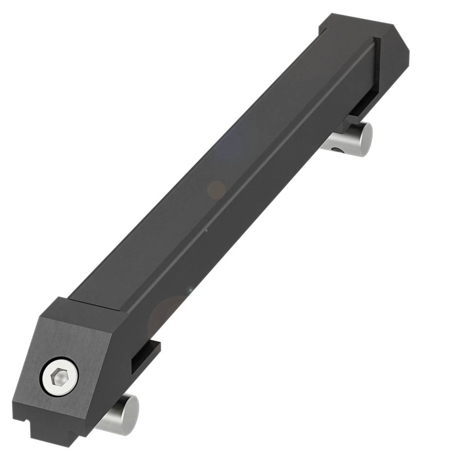 Ein langer, rechteckiger, schwarzer Metallbalken mit abgerundeten Ecken und zwei seitlichen Befestigungsbolzen.