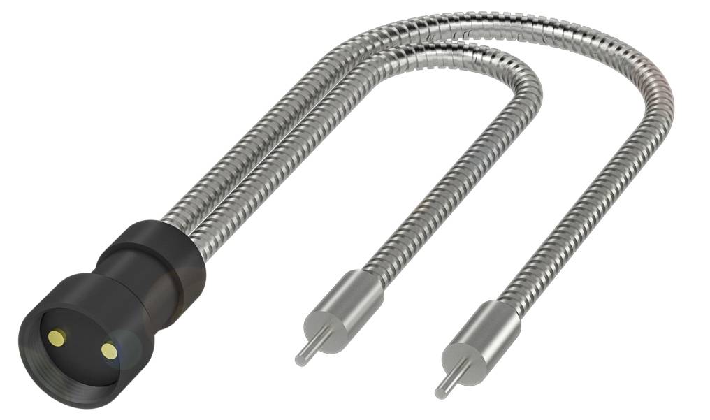 Flexibler, metallischer Doppelschlauchadapter mit zwei Steckern und einer Buchse, möglicherweise für elektrische Anschlüsse.