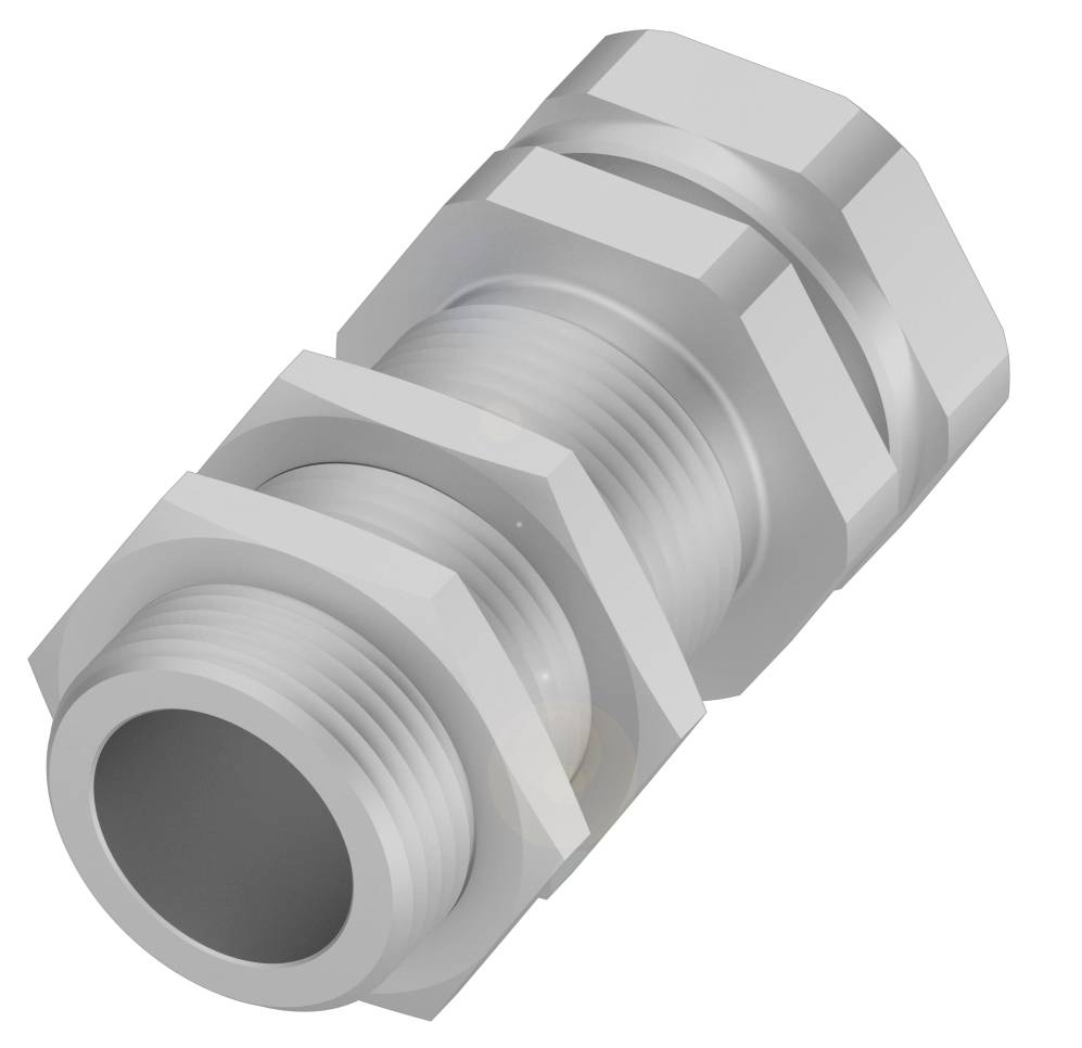 Ein silbernes Verschraubungselement mit zwei Sechskantmuttern, das zur Verbindung von Rohren oder Kabeln verwendet wird.