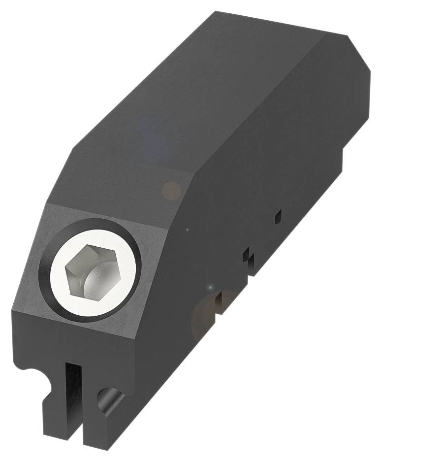 Der abgebildete schwarze Halterungsblock aus Kunststoff ist für die Befestigung in technischen Anwendungen vorgesehen.