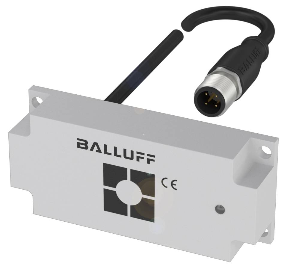Ein rechteckiger Sensor von Balluff mit schwarzem Kabel, CE-Kennzeichnung und quadratischem Logo in der Mitte.