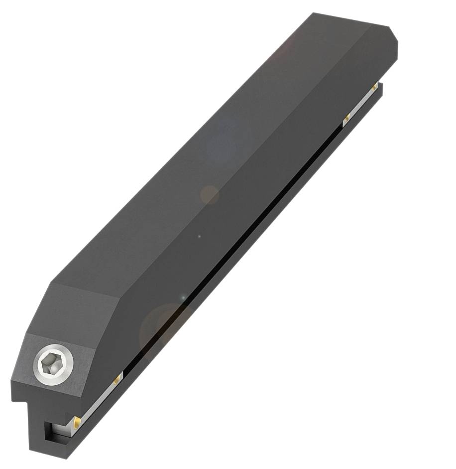 Ein schwarzes, längliches Werkzeug mit metallischem Schraubkopf und scharfer Kante, möglicherweise ein Schneide- oder Fräswerkzeug.