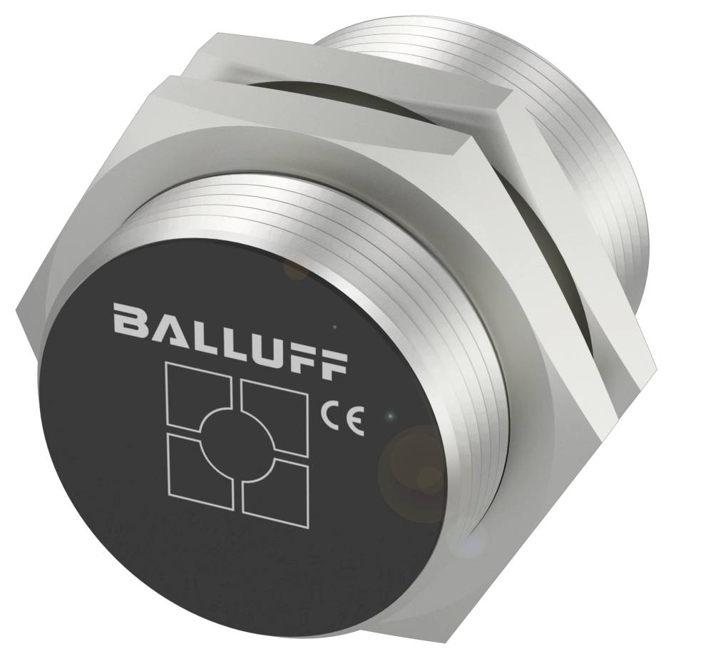 Induktiver Sensor von Balluff in zylindrischer Metallumfassung, geeignet für berührungslose Erkennung von Metallobjekten. CE-Kennzeichnung sichtbar.