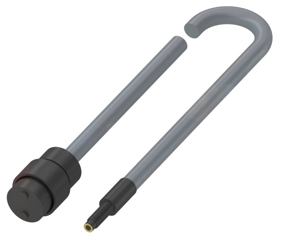 Ein graues, geschwungenes Fahrradschloss mit schwarzem Schlossmechanismus, geöffnet und teilweise auseinander genommen.