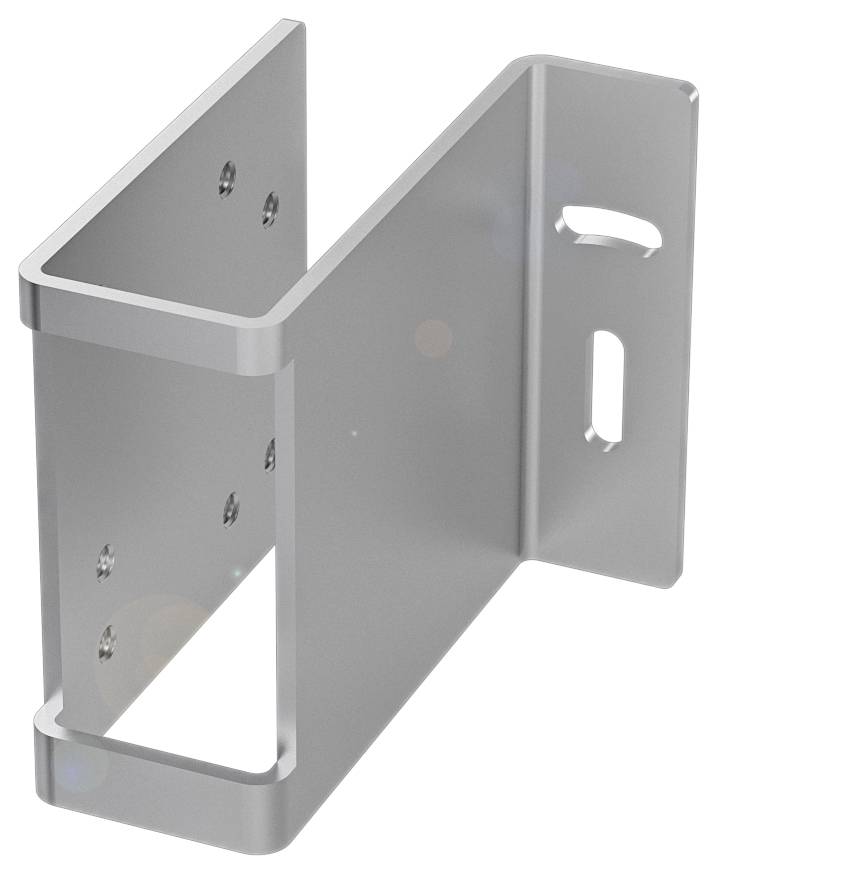 Metallwinkelhalterung mit mehreren Bohrlöchern und einem rechteckigen Ausschnitt, geeignet zur Befestigung oder Montage an Wänden.
