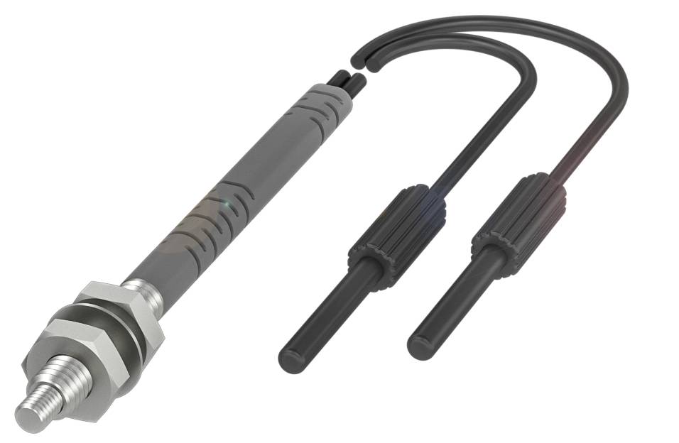 Industriesensor mit zwei angeschlossenen Kabeln, die an Steckverbindungen enden, geeignet für technische Anwendungen.