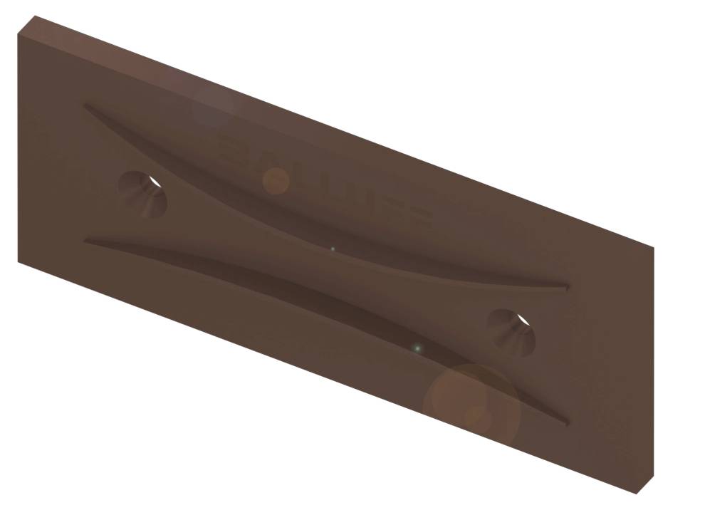 Ein rechteckiges, braunes Ersatzteil mit zwei Befestigungslöchern und leicht geschwungener Oberfläche. Geeignet für Maschinenteile.
