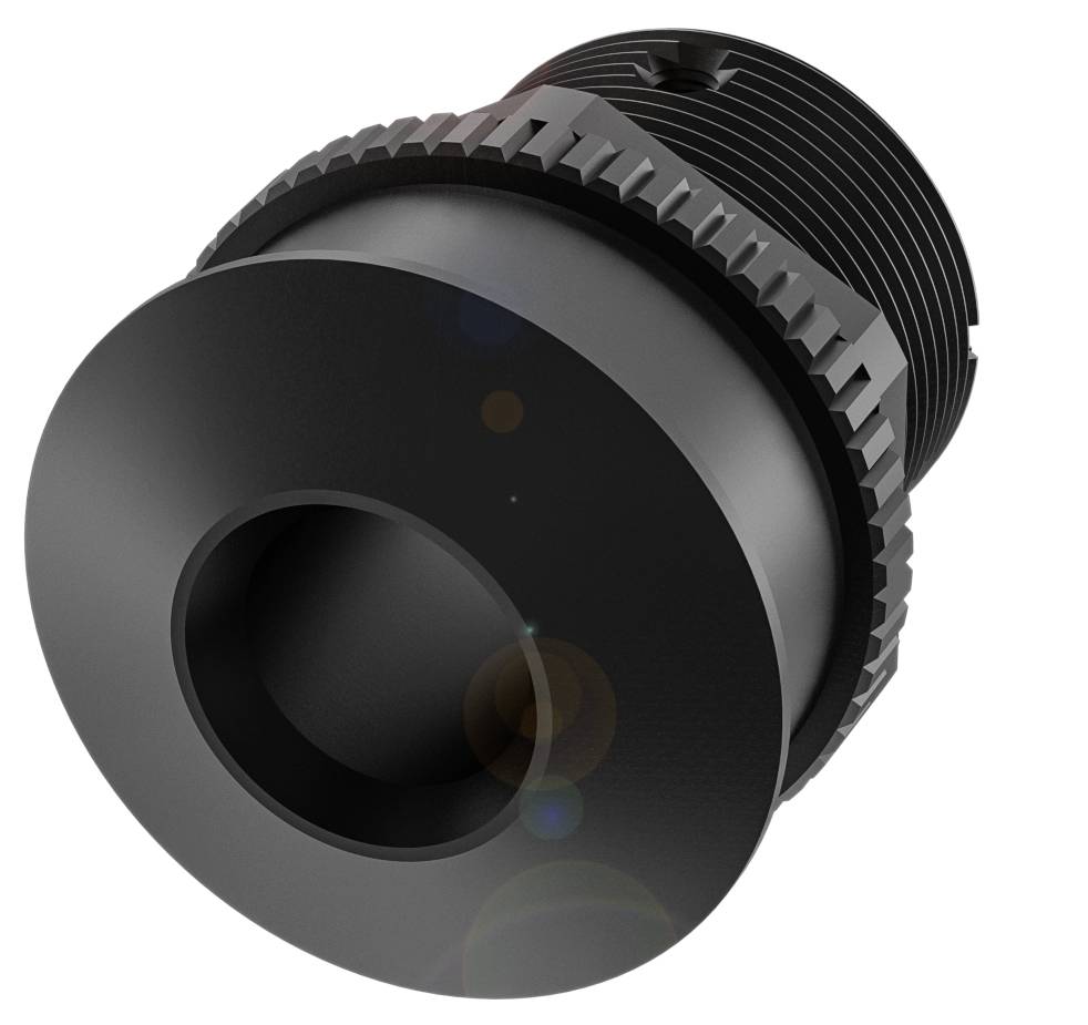 Schwarze zylindrische Objektivfassung mit strukturiertem, geriffeltem Rand. Geeignet für technische Anwendungen oder optische Geräte.