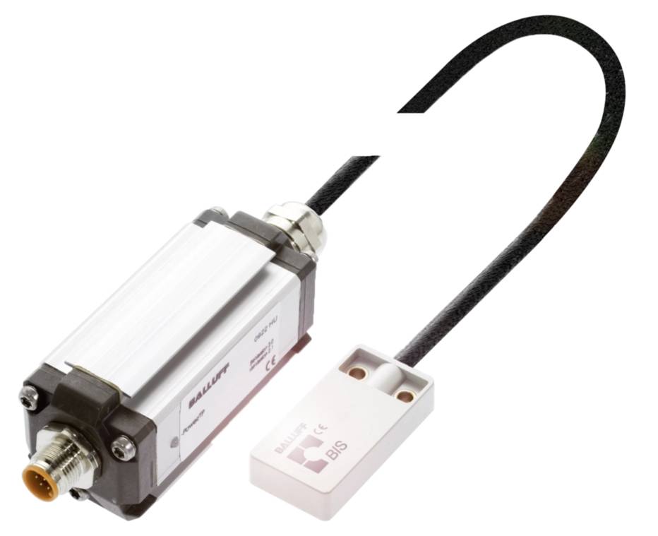 Ein RFID-Sensor mit Kabelanschluss, rechteckiges weißes Gehäuse, geeignet für industrielle Anwendungen.