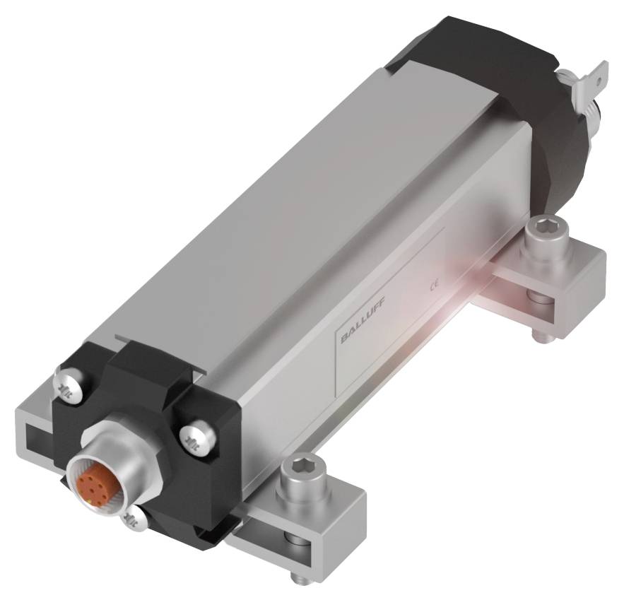 Ein silberner, rechteckiger Sensor mit schwarzem Anschluss und rotem Stecker von BALLUFF. Befestigung auf Halterungen sichtbar.