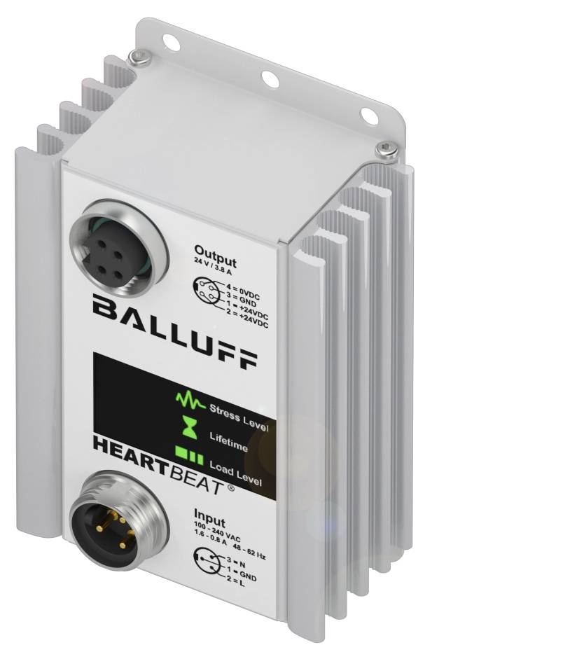 Ein industrielles Netzteil von Balluff mit Leistungsanzeige 'Heartbeat', zeigt Belastungs- und Lebensdauerzustand.