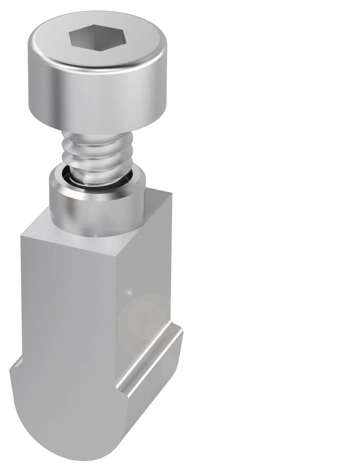 Ein silberner Metallschraubenkopf mit federbelastetem Gewinde, montiert auf einem blockförmigen Metallkörper, vermutlich ein mechanisches Bauteil.