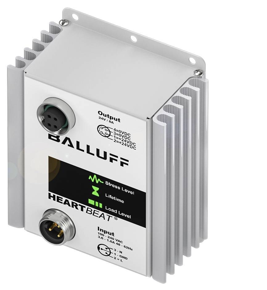 Netzteil von Balluff mit Metallelement und LED-Anzeige für 'Stress Level', 'Lifetime' und 'Load Level'.