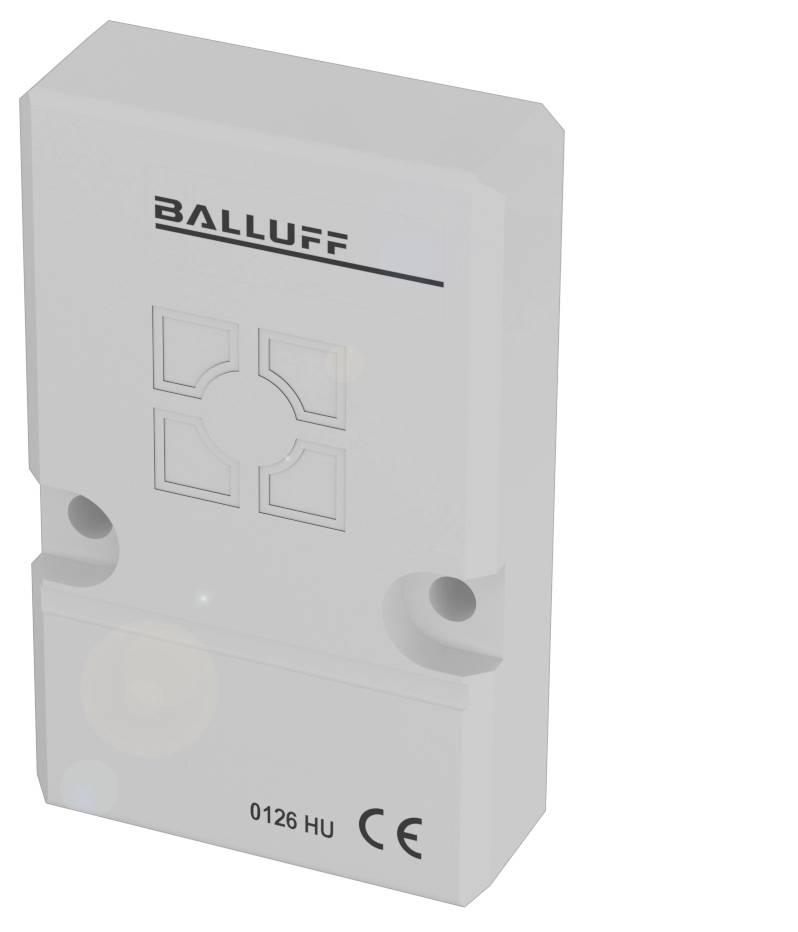 Weiße elektronische Komponente mit schwarzen Markierungen und Logos der Marke Balluff. Rechteckige Form mit abgerundeten Ecken.