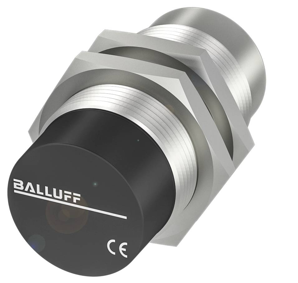 Zylinderförmiger Sensor mit Metallgewinde und schwarzer Kappe, gekennzeichnet mit 'Balluff' und 'CE'. Wahrscheinlich ein Näherungssensor.