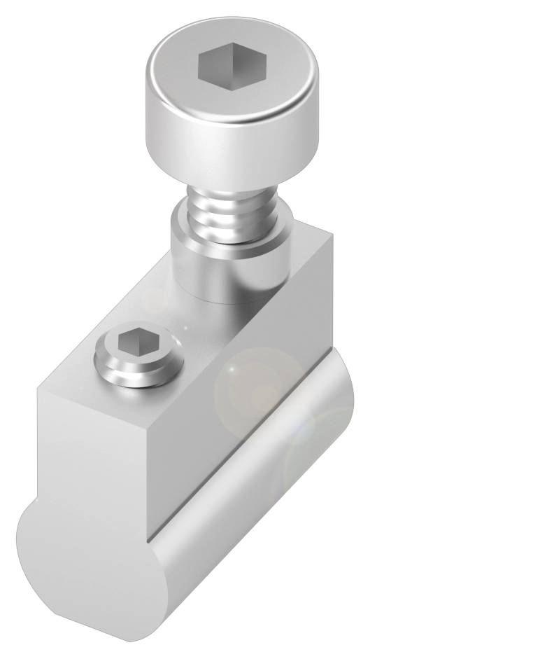 Metallschraube und zylindrischer Block aus Edelstahl, sichtbar durch quadratisches Loch an der Oberseite.