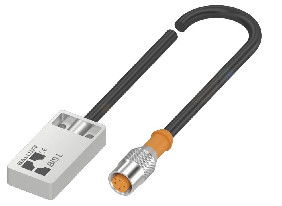 Ein weißer Sicherheits-Sensor mit schwarzem Kabel und orange-grauem Steckverbinder. Logo und Schriftzug 'BALLUFF BISL' sichtbar.