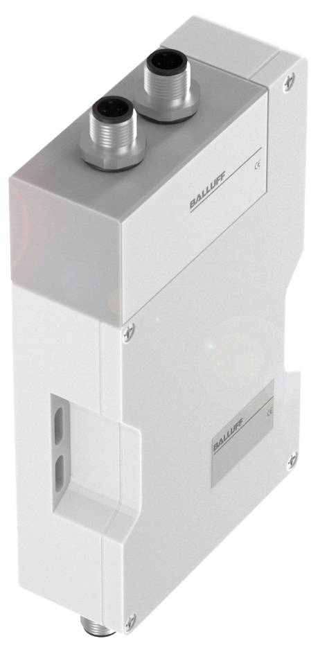 Ein rechteckiges, technisches Gerät mit zwei Anschlüssen oben. Das Gehäuse ist weiß und glatt. Oben links ist ein Logo sichtbar.