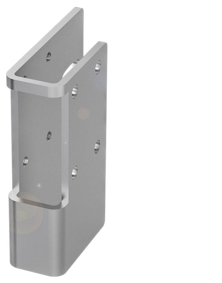 Eine silberne Metallklemme mit mehreren Bohrungen zur Befestigung, geeignet für industrielle oder technische Anwendungen.