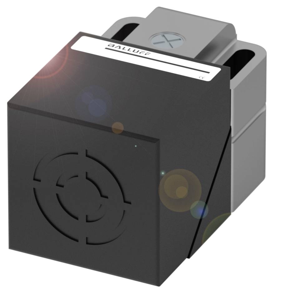 Ein quadratischer, schwarzer Sensor mit dem Text 'Balluff' und einem stilisierten Zielsymbol auf der Vorderseite.