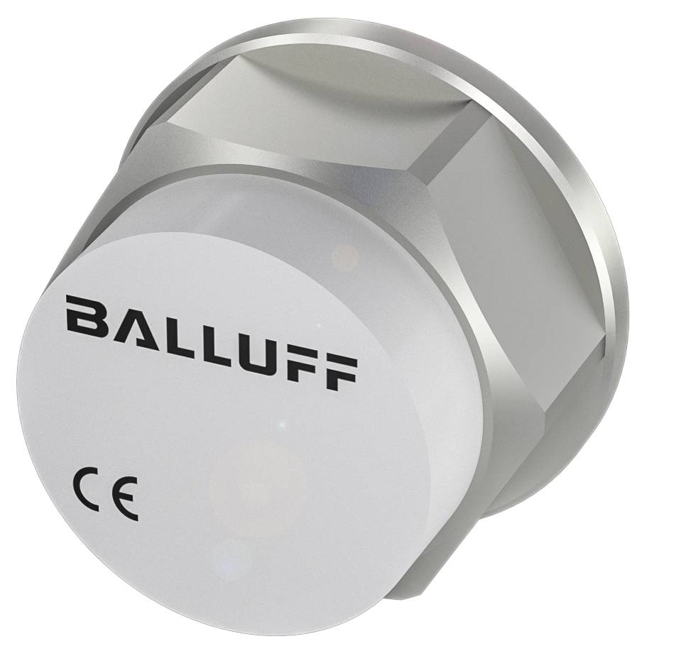 Metallischer Zylinder mit Beschriftung 'Balluff'. Bauteil einer industriellen Anwendung, zeigt CE-Kennzeichnung.