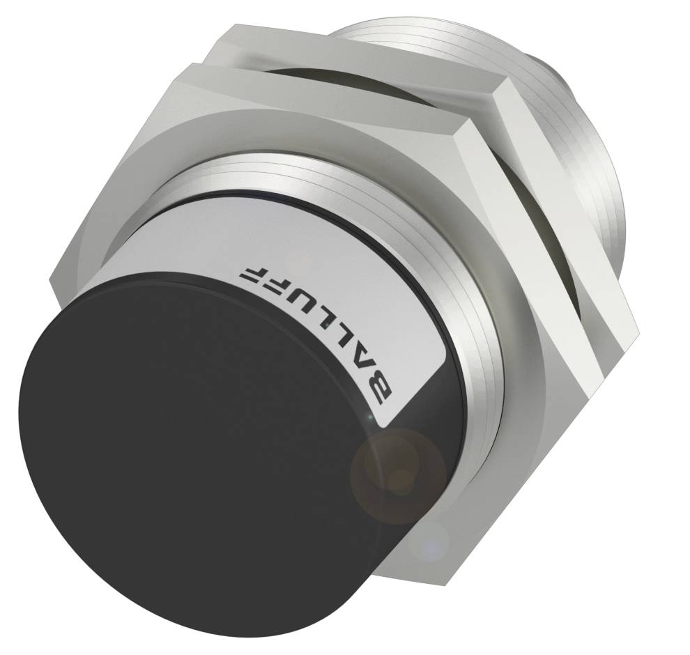 Ein zylindrischer Sensor mit schwarzer Kappe und der Aufschrift 'BALLUFF', montiert in einer sechseckigen Halterung.