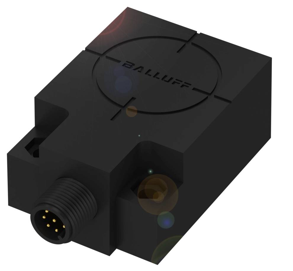 Ein schwarzer rechteckiger Sensor mit einem runden Steckverbinder auf der Vorderseite. Das Logo 'Balluff' ist oben eingeprägt.