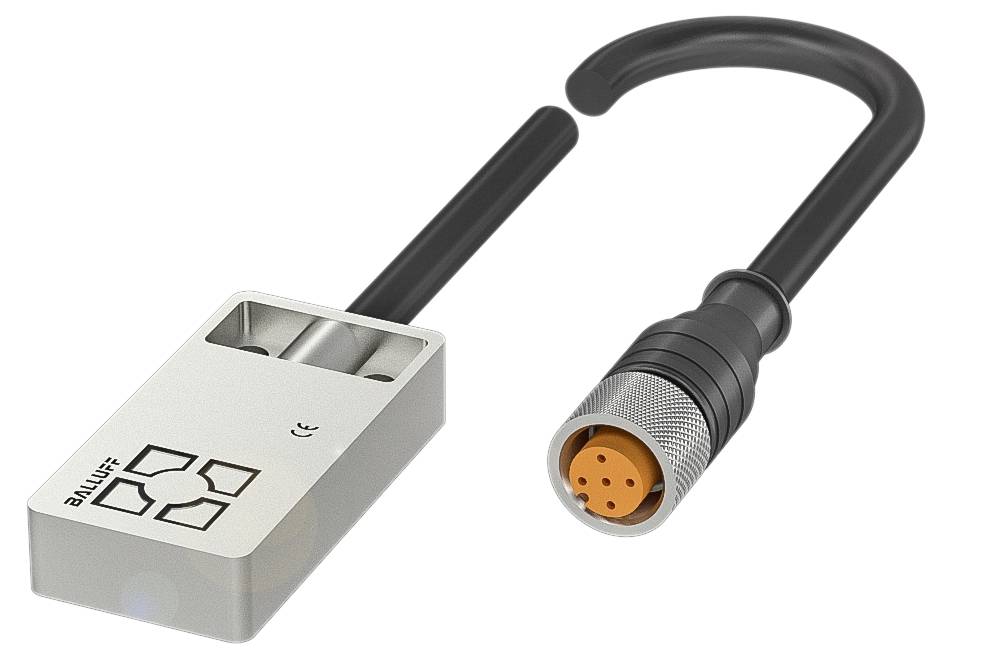 Viereckiges Magnetfeldsensor mit schwarzem Kabel und orangefarbenem Stecker; Herstellername 'Balluff' auf dem Sensor.