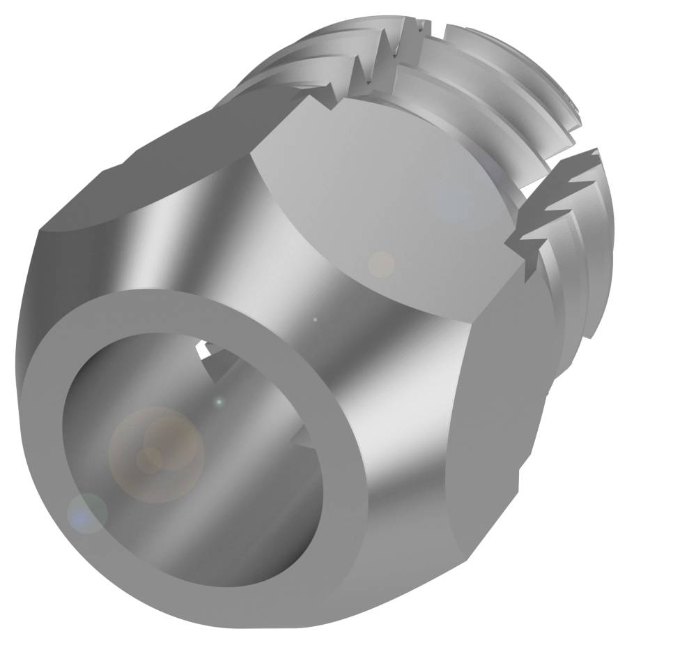 Metallische, zylindrische Bauteil mit mehreren Gewinden und Kerben, vermutlich eine mechanische Komponente oder Befestigungselement.