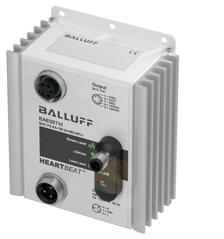 Ein Industriemodul mit Balluff-Logo, zeigt einen Ausgang von 24V DC bei 1A. Indikatoren für Stress, Last und Netzwerkschnittstelle sichtbar.