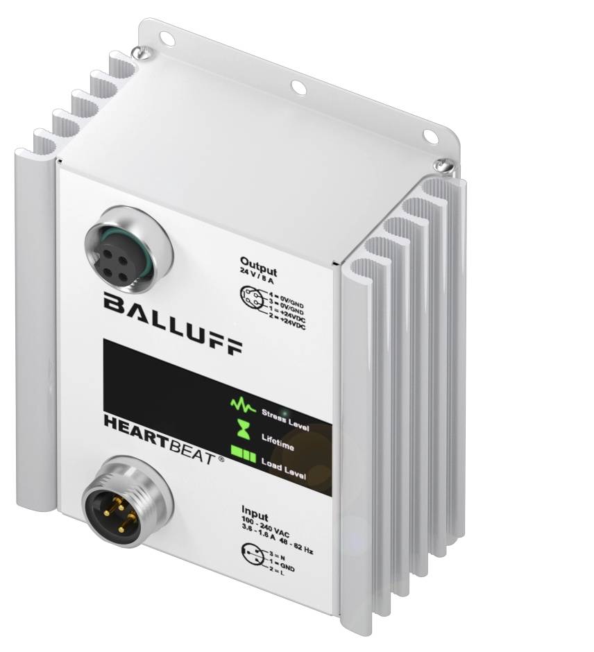 Industrielles Netzteil 'Balluff Heartbeat' mit Anzeige für Spannungspegel, Betriebszeit und Lastniveau.