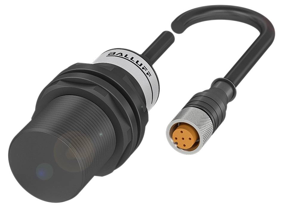 Schwarzer, zylindrischer Sensorstecker mit einem gebogenen Kabel und Metallanschluss. Gezeigt ist die Marke 'Balluff'.